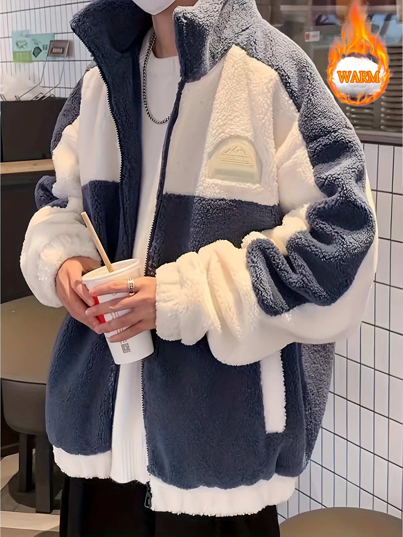 Warm Plush Fleece Jacket, Men's Casual Color Block Stand Collar Jacket Coat For Fall Winter