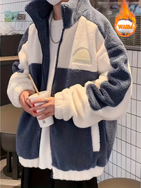 Warm Plush Fleece Jacket, Men's Casual Color Block Stand Collar Jacket Coat For Fall Winter