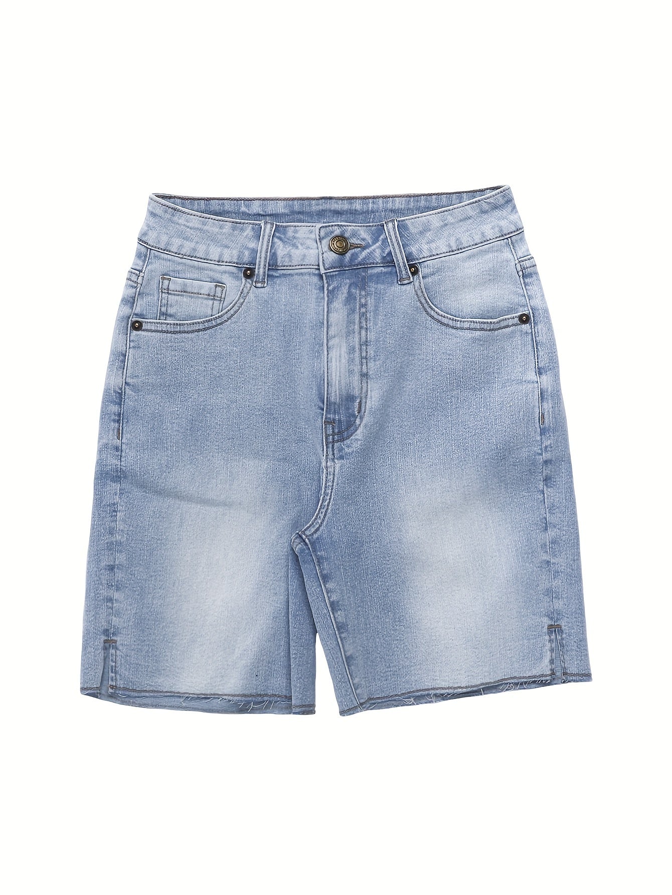 Raw Hem Distressed Denim Shorts - Slight Stretch Cotton Fabric, Solid Color, Pocket Details, Machine Washable - Streetwear Style for Spring/Summer