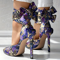 Women's Strappy Floral Print Satin Stiletto High Heels - Pointed Toe Lace Up D'Orsay Pumps with Ultrahigh Heel, Fabric Upper & Man Made Sole | Party & Dress Shoes | Fashion Stiletto Sandals