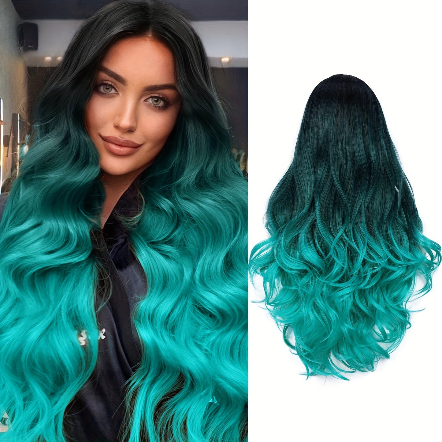 Long Wavy Wig Ombre Bluish Green Wigs Long Curly Ombre Color Hair Wigs Middle Part Synthetic Mermaid Green Wigs For Women Daily Party Cosplay