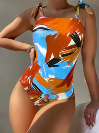Chic Tie Shoulder Graffiti Brush Print One-piece Swimsuit - Stretchy, High Cut, Straight Neckline - Bold & Colorful, Womens Bathing Suit for Koningsdag/Kings Day Celebrations