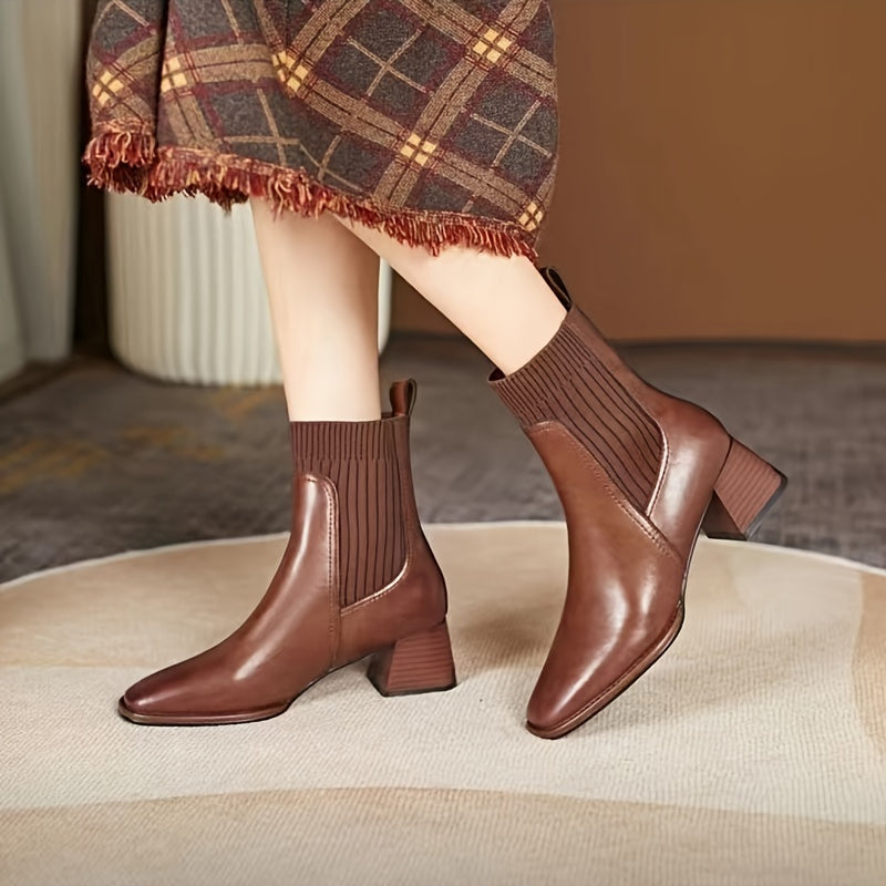 Comfy Chic Square Toe Mid-Calf Boots - Women's Fashion Footwear with Chunky Heel, Slip-on Design, Solid Color, and Soft Insole for All-Day Comfort - Perfect for Casual Outings and Daily Wear