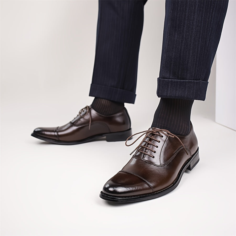 [Trendy Cow Leather Oxford Shoes] Men's Trendy Split Cow Leather Upper Cap Toe Oxford Shoes, Comfy Non Slip Casual Rubber Sole Formal Shoes, Men's Footwear