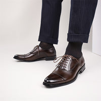 [Trendy Cow Leather Oxford Shoes] Men's Trendy Split Cow Leather Upper Cap Toe Oxford Shoes, Comfy Non Slip Casual Rubber Sole Formal Shoes, Men's Footwear