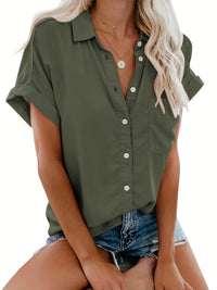 Women'S Short Sleeve V-Neck Button-Up Shirt with Pockets - Light Gray, Casual Summer Top, Perfect for Vacation or Casual Attire, Vacation Clothing | Buttonup Shirt | Glossy Texture