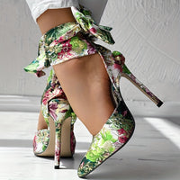 Women's Strappy Floral Print Satin Stiletto High Heels - Pointed Toe Lace Up D'Orsay Pumps with Ultrahigh Heel, Fabric Upper & Man Made Sole | Party & Dress Shoes | Fashion Stiletto Sandals