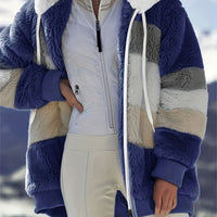 Ultra-Soft Color Block Fuzzy Hooded Coat - Stylish Winter Warm Outerwear with Full-Length Sleeves - Perfect for Casual Wear - Womens Clothing
