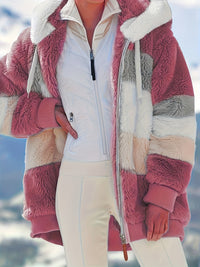 Ultra-Soft Color Block Fuzzy Hooded Coat - Stylish Winter Warm Outerwear with Full-Length Sleeves - Perfect for Casual Wear - Womens Clothing