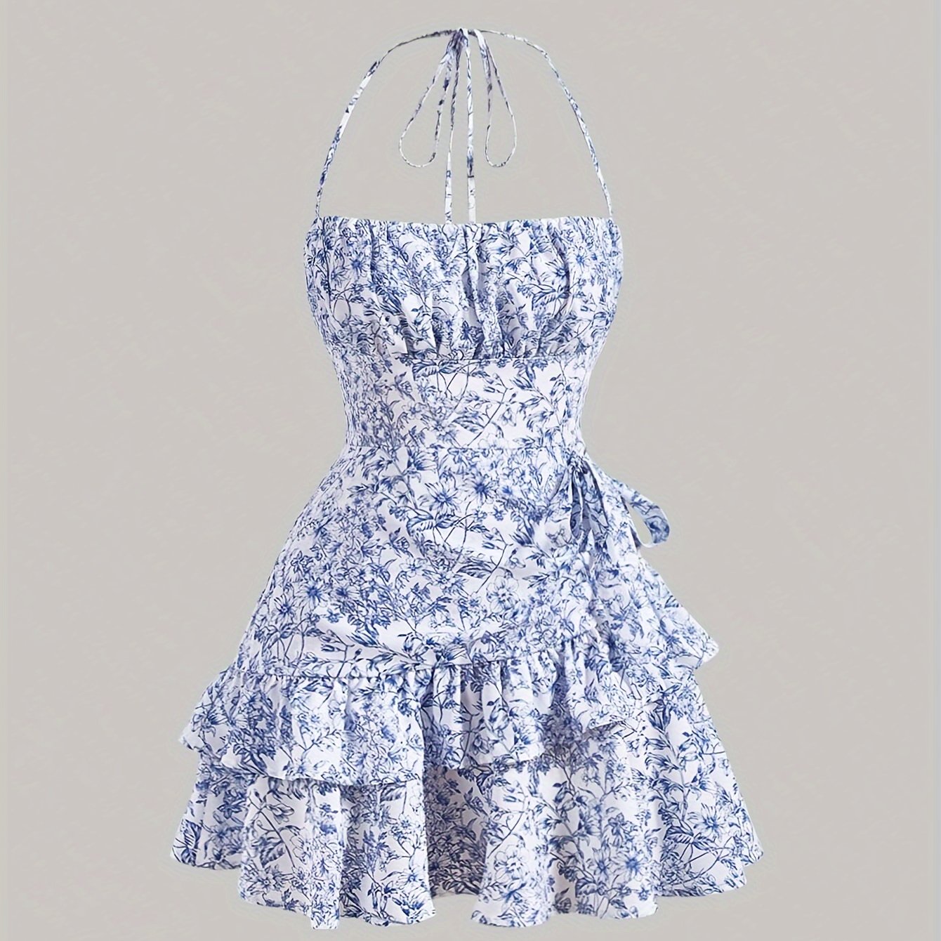 Floral Print Layered Ruffle Hem Halter Dress - Elegant Sleeveless Dres   Mega Mart Center