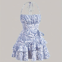Floral Print Layered Ruffle Hem Halter Dress - Elegant Sleeveless Dress For Spring & Summer - Women's Clothing - For Women - Perfect for Parties & Casual Occasions - Ideal Gift for Her