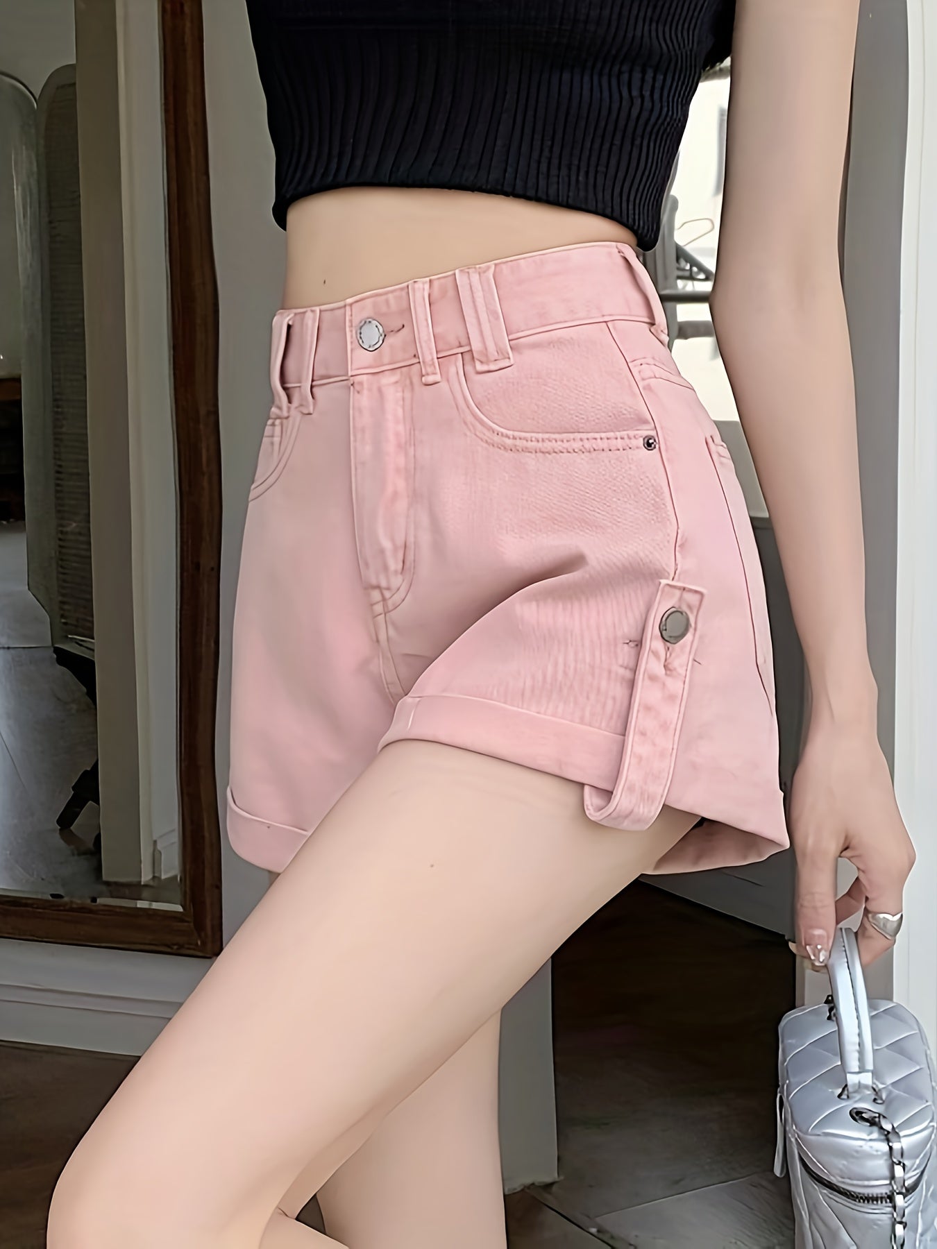 Distressed High Waist Denim Shorts for Women - Fashionable Slash Pockets A-Line Design, Comfortable Fit, Versatile Summer Style - Short Denim Pants, Womens Jeans Clothing