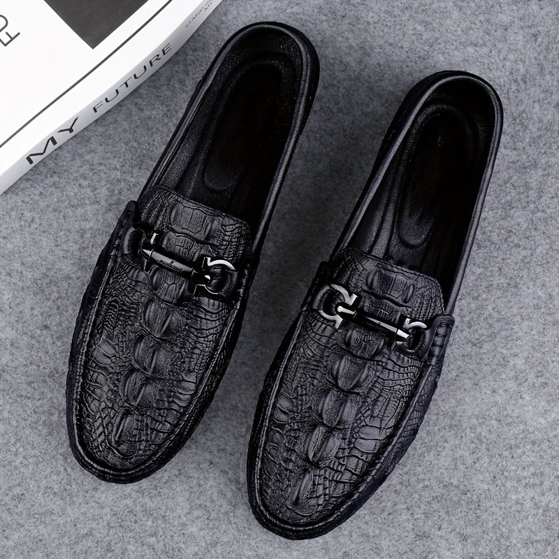 Men's Solid Colour Top Grain cow Leather Vintage Slip On Penny Loafer Shoes, Comfy Non Slip Durable Rubber Sole Formal Shoes, Men's Footwear