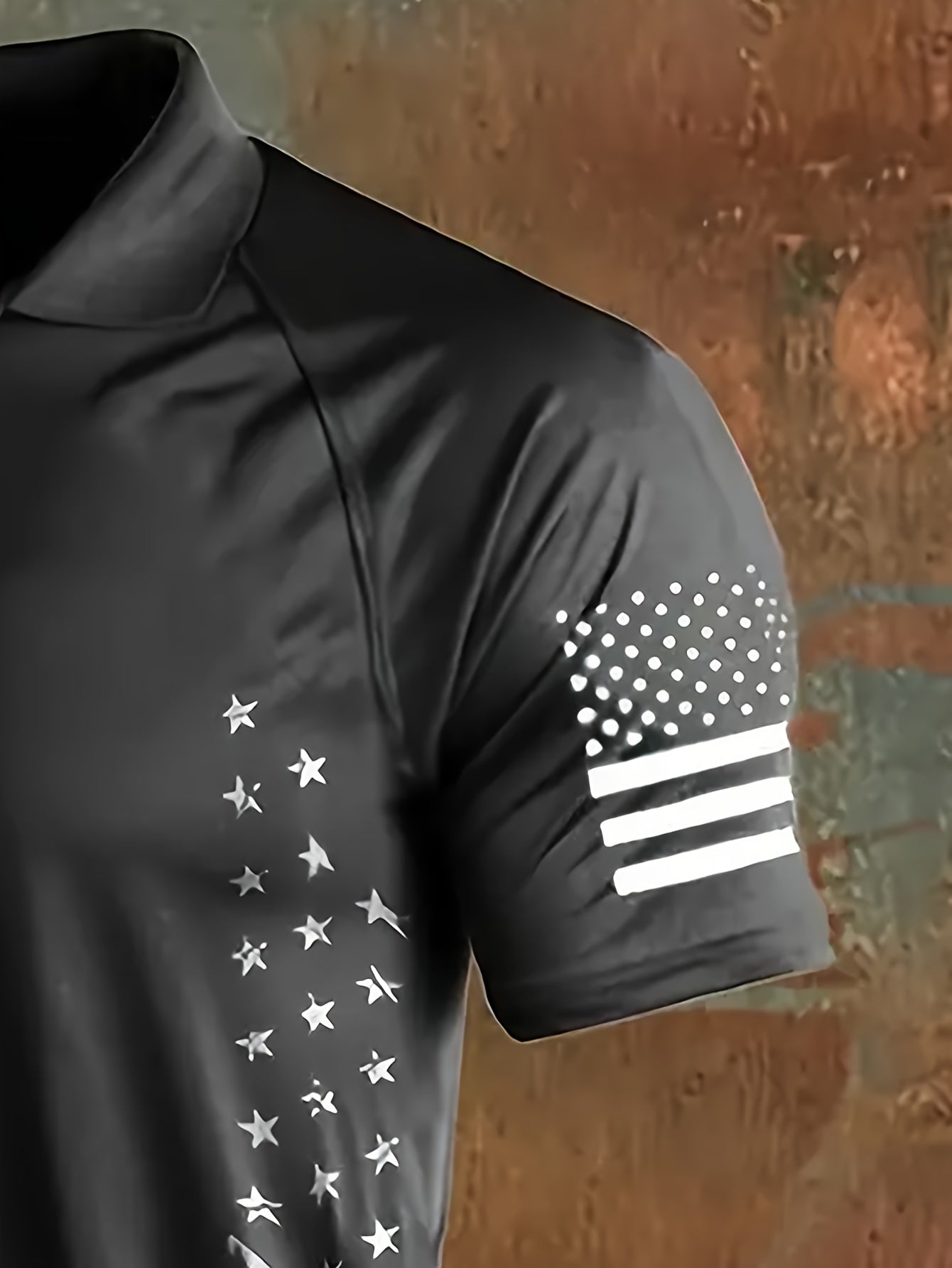 [American Flag Shirt] Lightweight American Flag Print Men's Casual Shirt - Comfortable Short Sleeve, Button-Up Collar, Black with Stars & Stripes Design, Polyester for Spring/Fall