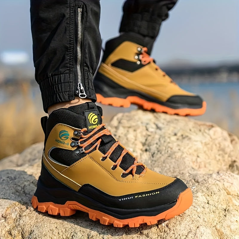 Men's High Top Color Block Steel Toe & Puncture Proof Work Boots, Comfy Non Slip Durable Rubber Sole Lace Up Shoes, Men's Footwear