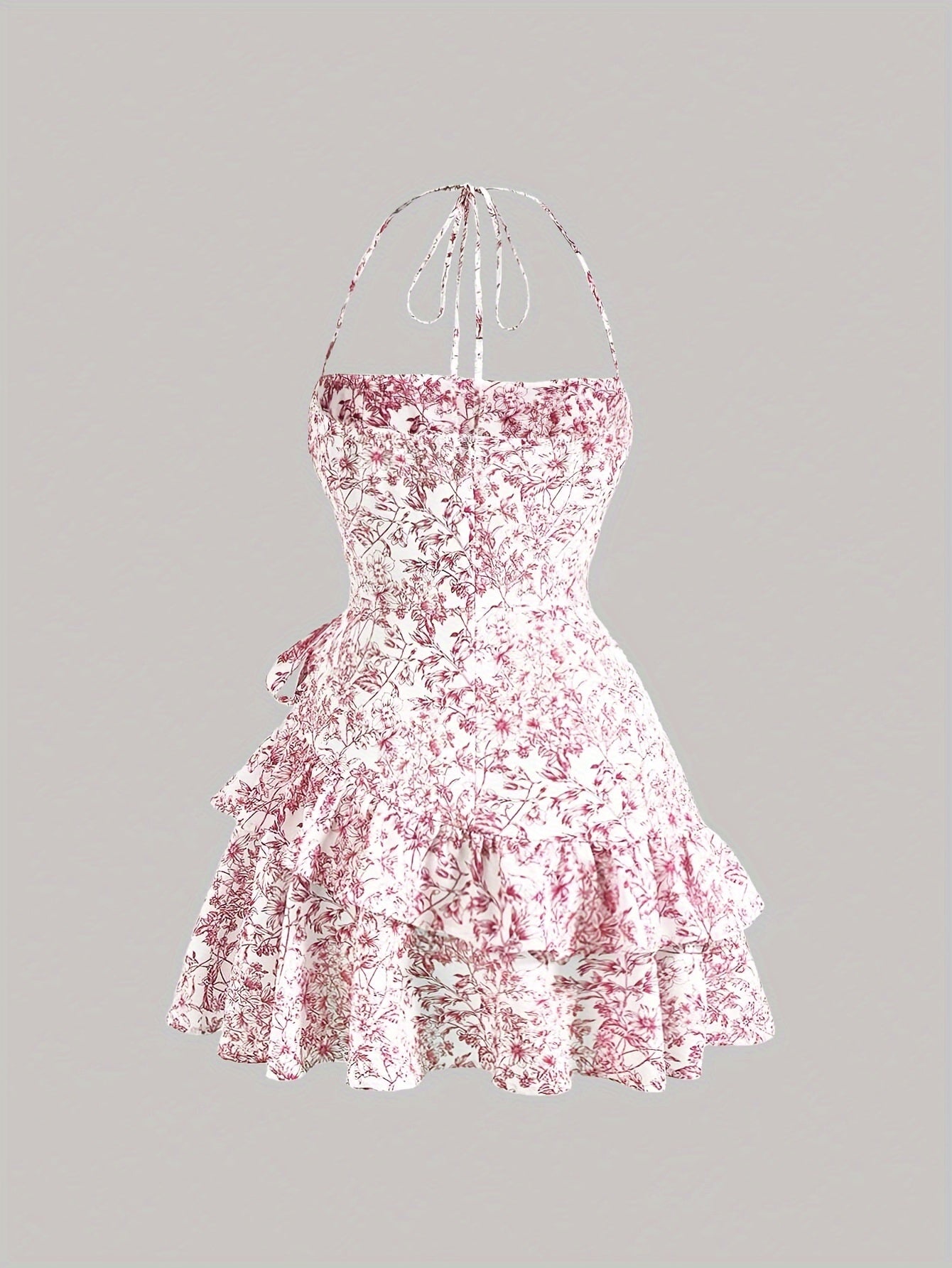 Floral Print Layered Ruffle Hem Halter Dress - Elegant Sleeveless Dress For Spring & Summer - Women's Clothing - For Women - Perfect for Parties & Casual Occasions - Ideal Gift for Her