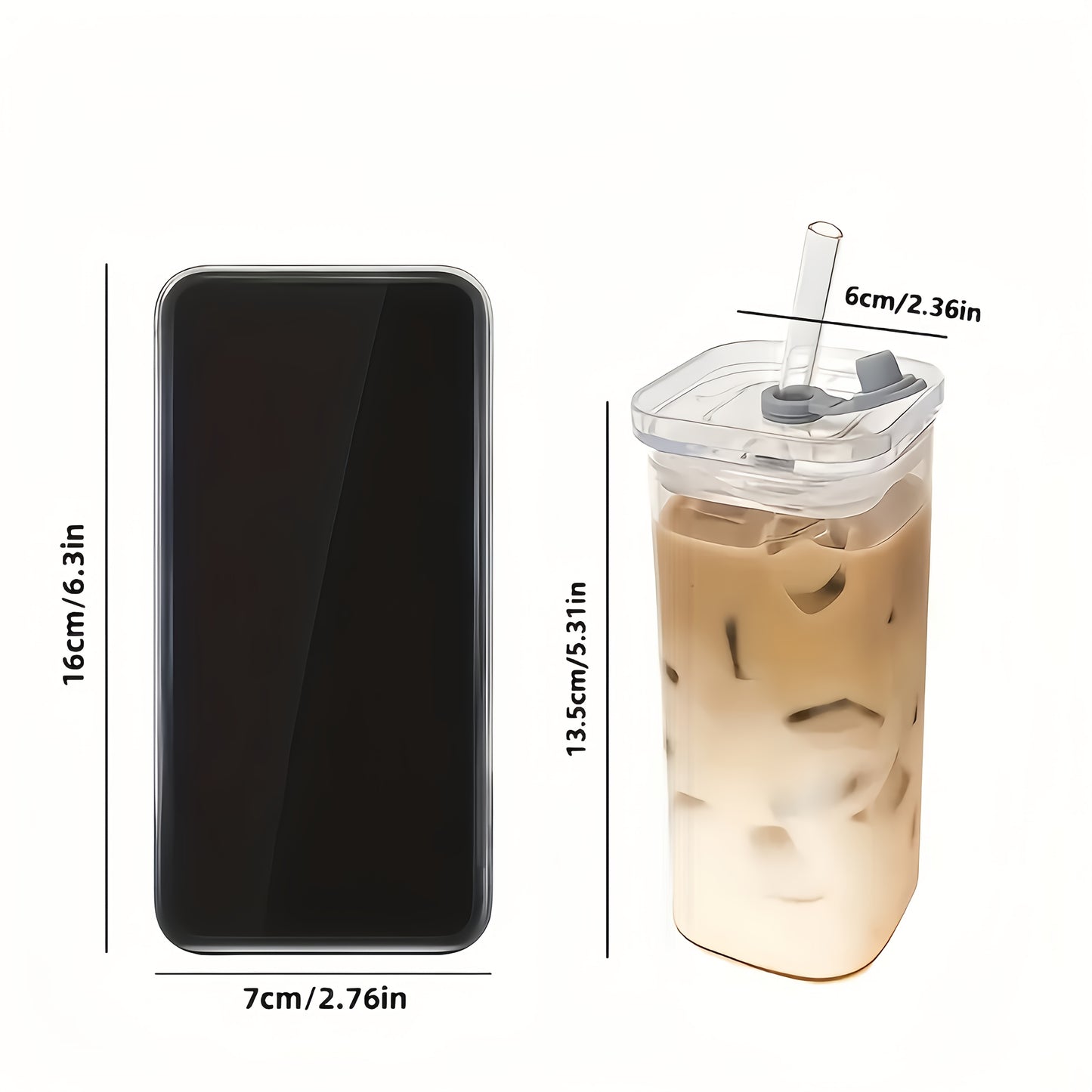6pcs Square Lidded Glass Cups, Portable Drinking Cups, Iced Coffee Cups With Lids/straws, Father'S Day Cups, Perfect For Office, Party Supplies, Home, School, And Outdoor Use
