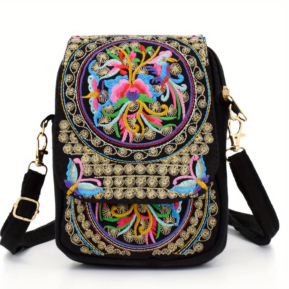[Embroidered Crossbody] Lightweight Crossbody Bag | Women's Embroidered Mini Shoulder Bag with Detachable Strap - Floral Geometric Embroidery Design, Zipper Closure, Compact, Polyester Lined Interior (Navy/Purple/Red/Black)
