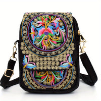 [Embroidered Crossbody] Lightweight Crossbody Bag | Women's Embroidered Mini Shoulder Bag with Detachable Strap - Floral Geometric Embroidery Design, Zipper Closure, Compact, Polyester Lined Interior (Navy/Purple/Red/Black)