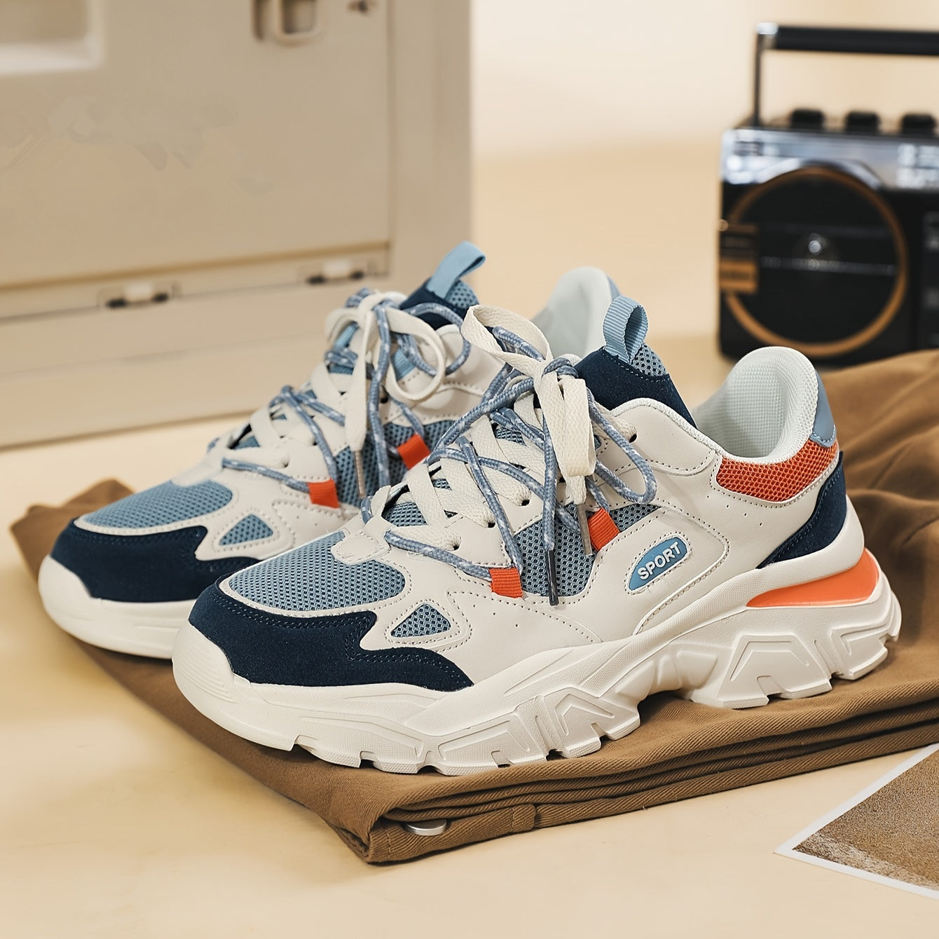 Men's Knit Breathable Chunky Shoes, Casual Lace Up Comfy Soft Sole Sneakers For Outdoor Activities, Spring And Summer, men's footwear