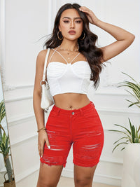 Ripped Raw Hem Denim Shorts, Distressed Plain Red Bermuda Denim Shorts, Women's Denim Jeans & Clothing