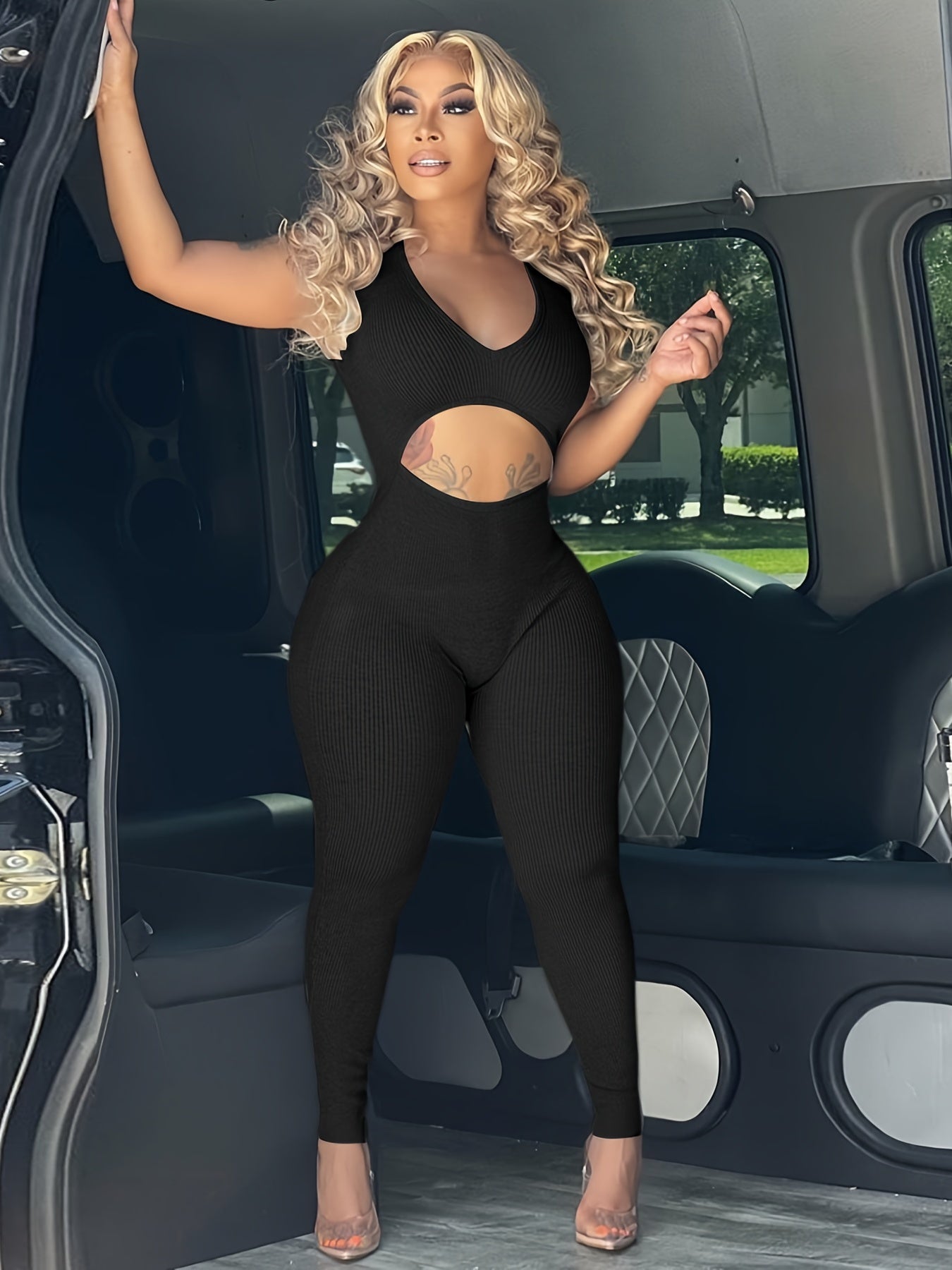 Cut Out Sleeveless Jumpsuit, Sexy Solid Bodycon Jumpsuit, Women's Clothing