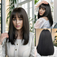 Natural Black Straight Synthetic Wig For Women With Bangs 18inch Cosplay Halloween Party Heat Resistant