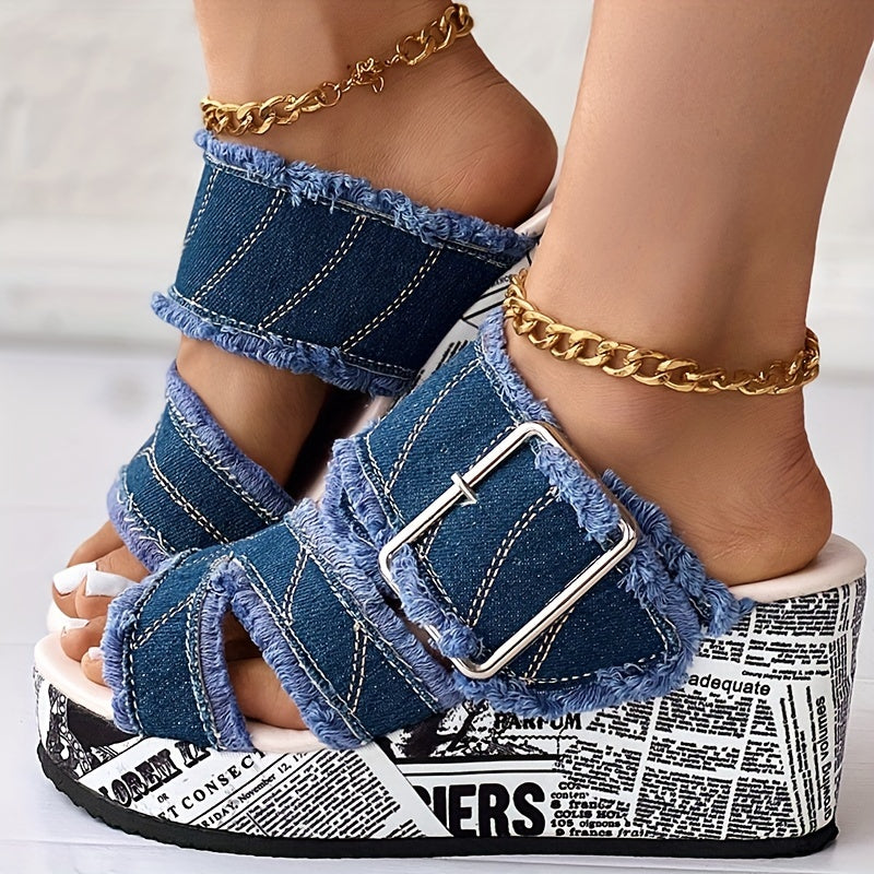 Women's Letter Print & Denim Canvas Sandals, Slip-on Buckle Wedge Heel Shoes, Fashion & Summer Women's Shoes