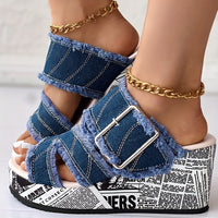 Women's Letter Print & Denim Canvas Sandals, Slip-on Buckle Wedge Heel Shoes, Fashion & Summer Women's Shoes
