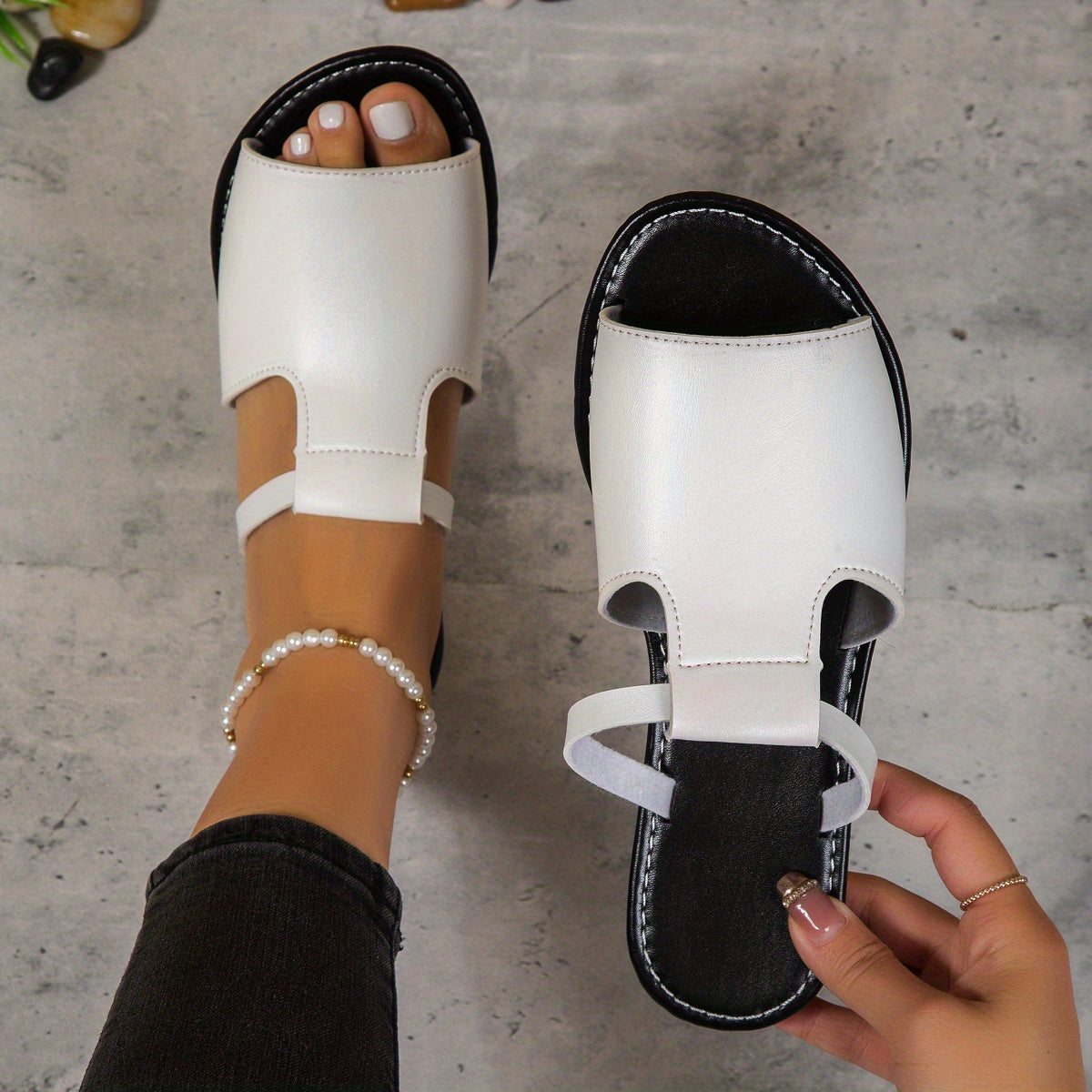 Stylish Womens Flat Slide Sandals - Soft Faux Leather, Slip-On Design, Lightweight, Breathable, Rubber Sole, Open Toe, Mary-Jane Strap - Perfect for Outdoor Activities and Casual Occasions