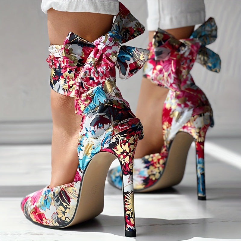 Women's Strappy Floral Print Satin Stiletto High Heels - Pointed Toe Lace Up D'Orsay Pumps with Ultrahigh Heel, Fabric Upper & Man Made Sole | Party & Dress Shoes | Fashion Stiletto Sandals
