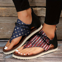 [Vintage Gladiator Sandals] Vintage Style Gladiator Sandals - Striped Independence Day Flat Heel with Zip Closure, Split Toe Design, EVA Sole, Faux Cover Insole & Lining