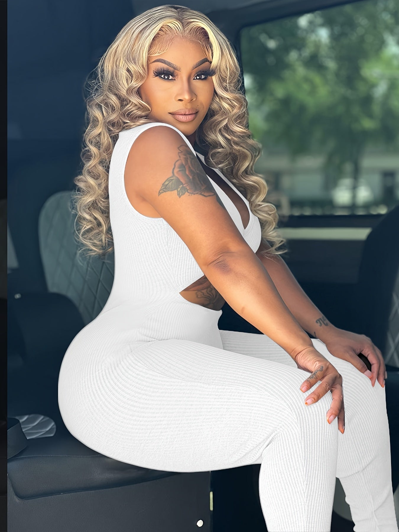 Cut Out Sleeveless Jumpsuit, Sexy Solid Bodycon Jumpsuit, Women's Clothing