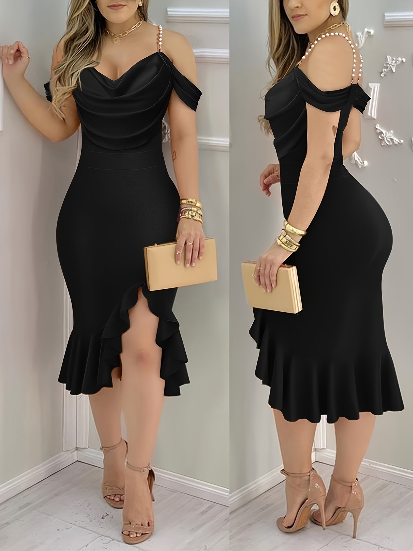 Shoulder Pearls Strap Bodycon Dress Cowl Neck Ruffle Hem Party Dresses