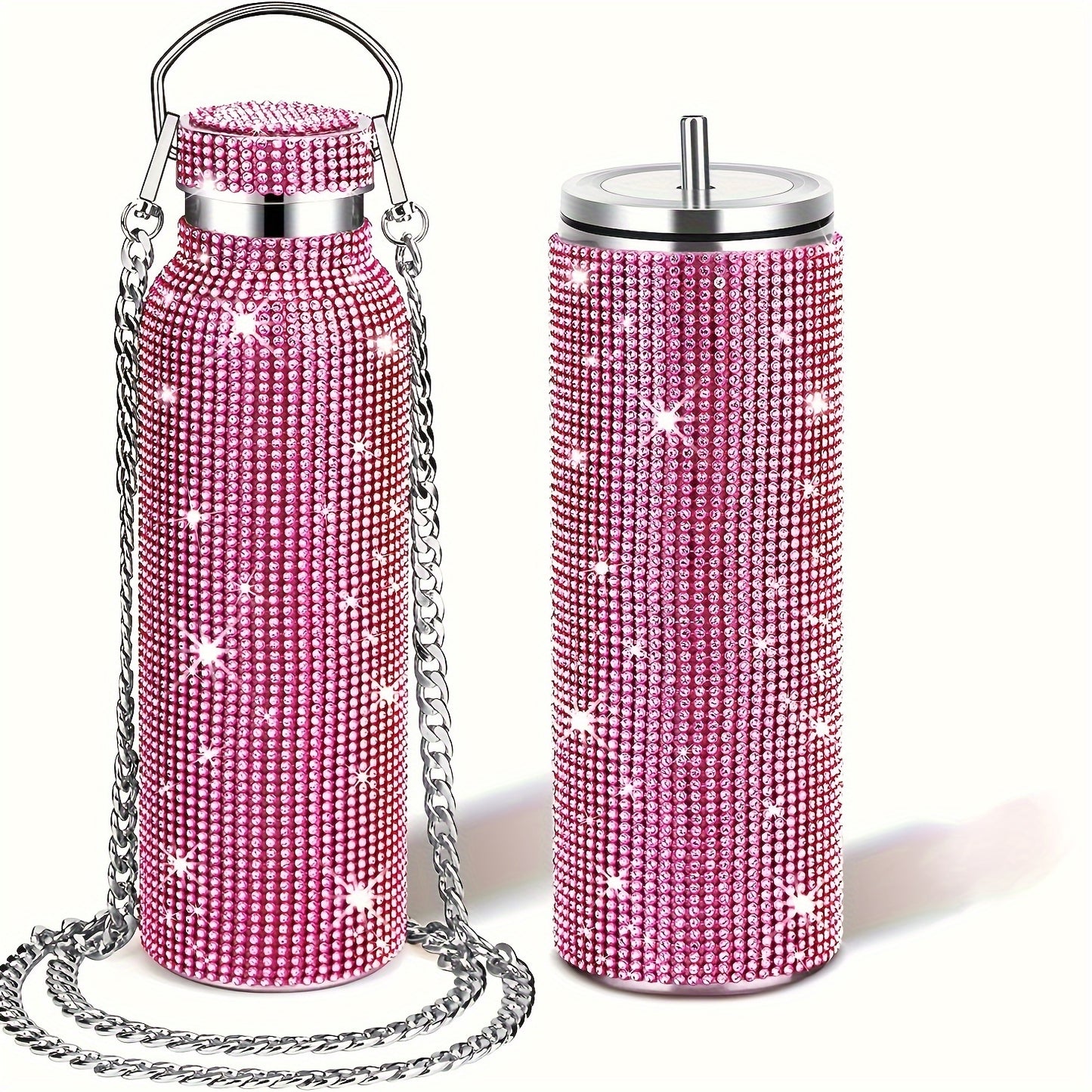 [Sparkling Steel Bottle] 2pcs Sparkling Pink 20oz Stainless Steel Insulated Water Bottles - Double-Walled, BPA-Free with Chain Strap & Lid, Ideal for Christmas, Valentine's, Thanksgiving, Mother's Day, Graduation Gifts, Holid