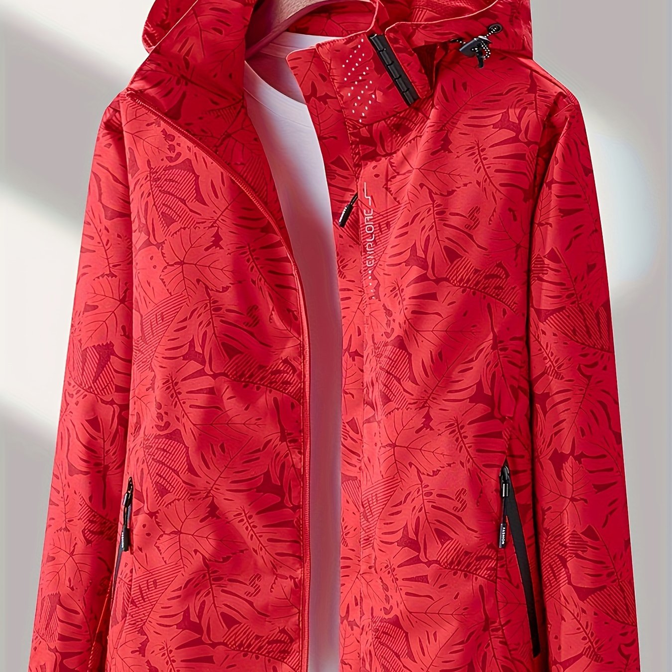 [Tropical Hooded Jacket] Lightweight Women's Hooded Jacket | Casual Zip-Up Outdoor with Tropical Leaf Print, Removable Hood & Adjustable Cuffs for Spring Summer Fall, Hiking, Travel, Camping, Camping Gear