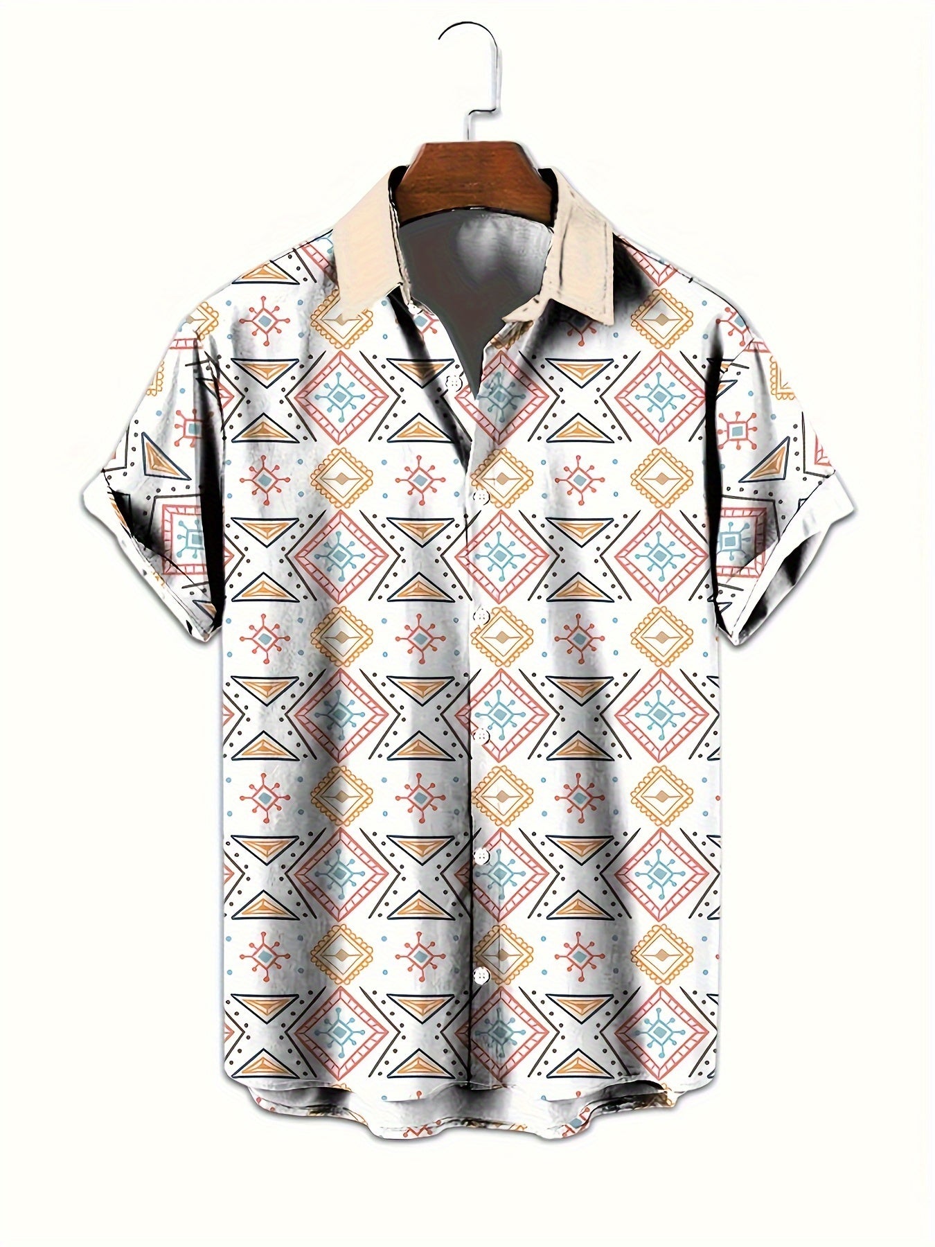 Geometric Print Men's Casual Shirt, Beach Travel Top, Fashionable Short Sleeve Summer Wear, For Beach Outdoor Holiday