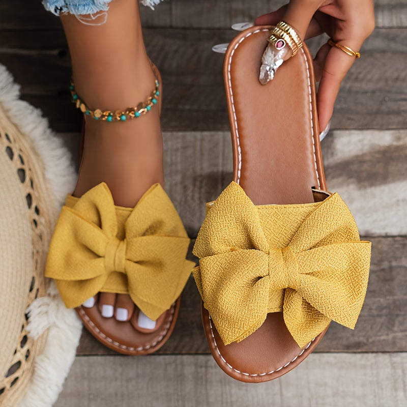 Ladies' Bowknot Flat Sandals, Solid Color Open-Toe Non-Slip Shoes, Casual Outdoor Beach Sandals.