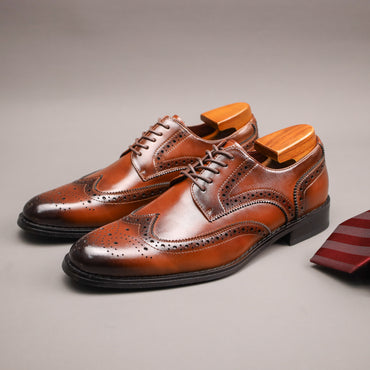 Men'S Solid Color Split Cow Faux Leather Upper Wingtip Brogue Toe Derby Shoes, Comfy Non Slip Rubber Sole Lace Up Durable Dress Shoes, Men'S Footwear