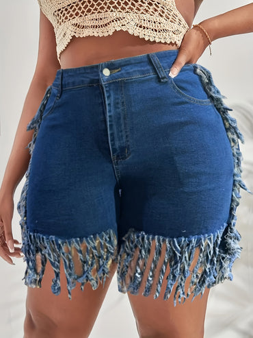 Plus Size Bohemian Chic Stretchy Denim Shorts - Ultra-Stretchy Fabric, Adjustable Elastic Waistband, Trendy Fringe Hem Detail - Designed for Curvy Women, Perfect for Summer Fashion, High-Quality Denim Material
