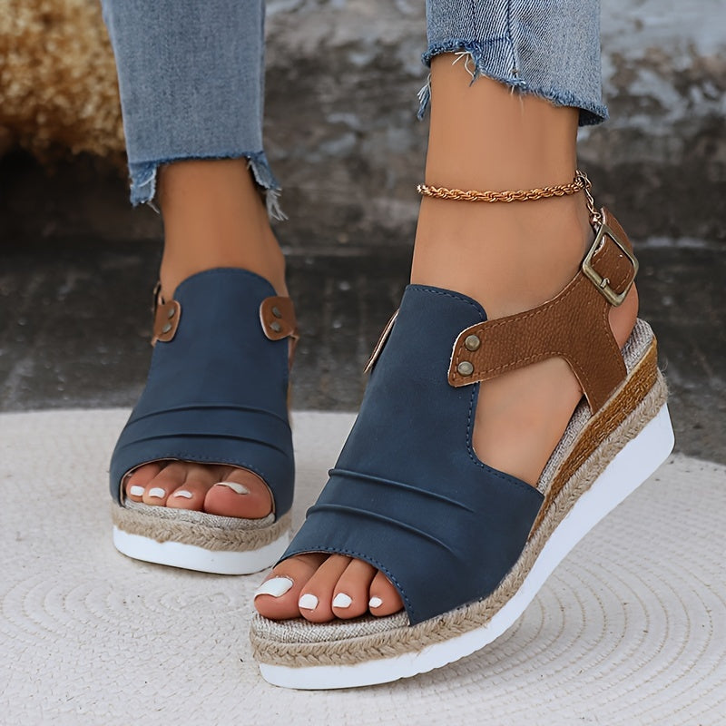 Women's Comfy Mid-Heel Wedge Sandals - Open-Toe, Buckle Ankle Strap, Chic Geometric Colorblock for Summer Elegance