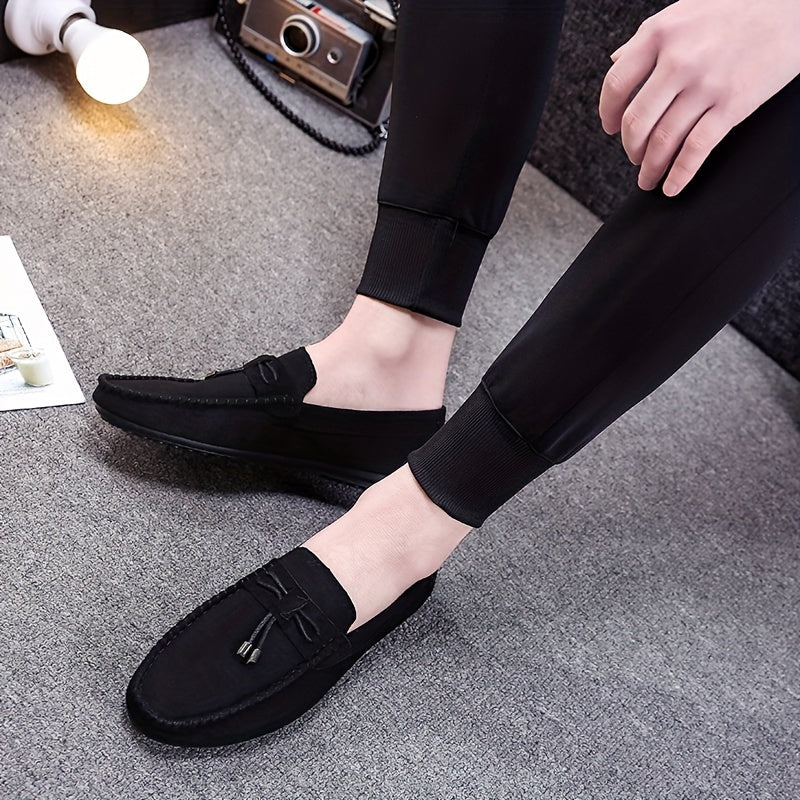 Men's Solid Color Slip On Tassel Loafer Shoes, Comfy Non Slip Casual Durable Rubber Sole Lightweight Walking Shoes, Men's Footwear