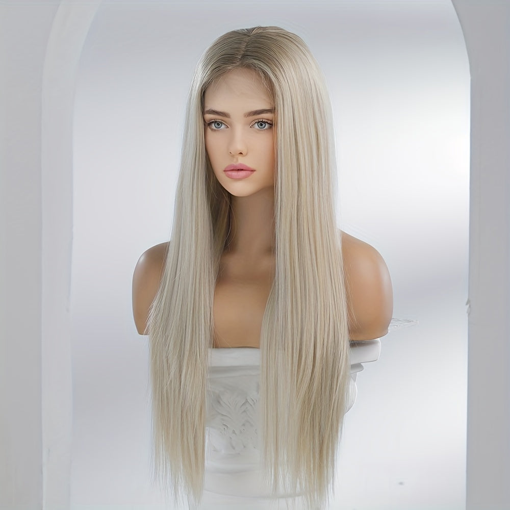 Luxurious 28-Inch Ombre Blonde to Brown Lace Front Wig - High-Quality Heat-Resistant Synthetic Fiber, Easy to Wear & Comfortable Fit for Music Festivals, Parties, Weddings, Holidays & Graduations - Natural-Looking Straight Ha
