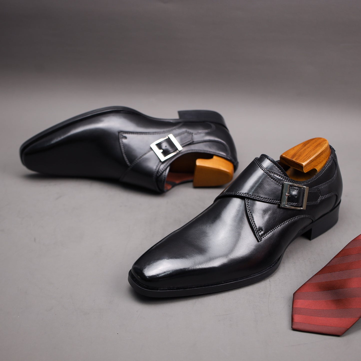 Men's Second Layer Cowhide Upper Solid Color Monk Shoes, Comfy Non Slip Rubber Sole Durable Dress Shoes, Men's Footwear