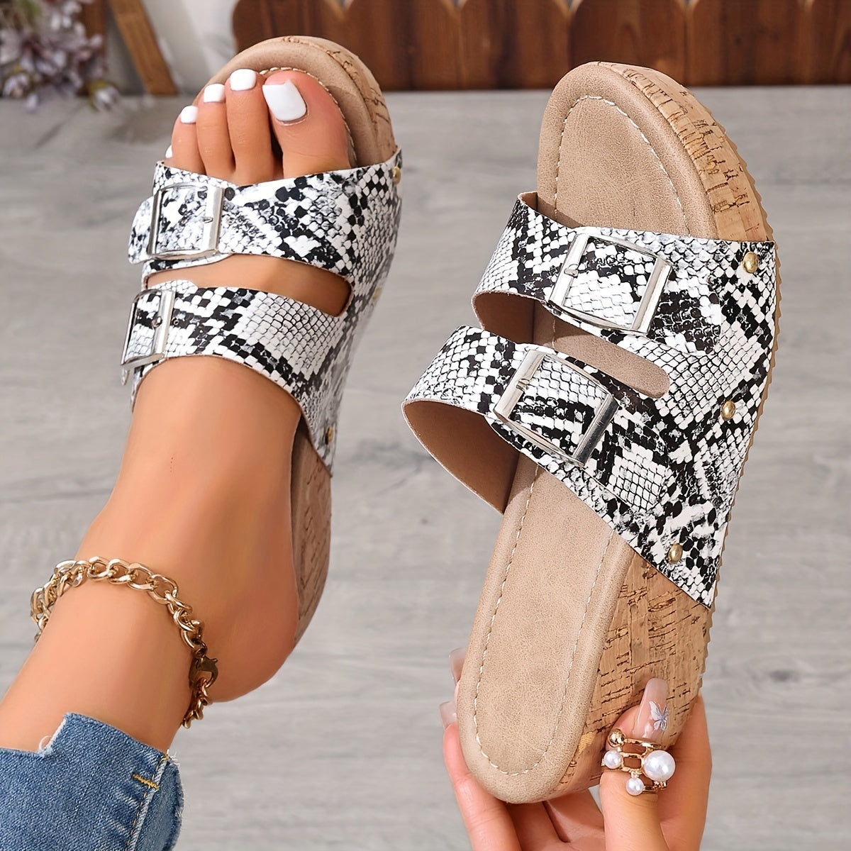 Comfy Women's Wedge Sandals with Non-Slip Double Buckle Straps and Open Toe