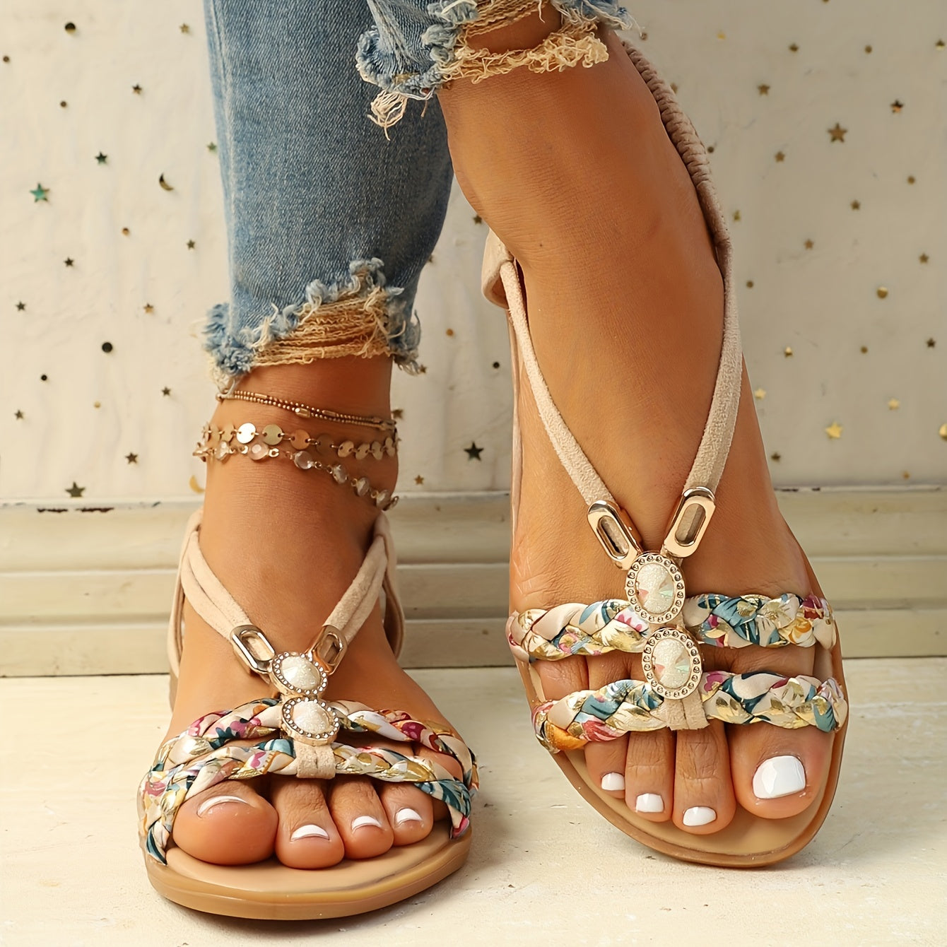 Chic Womens Ethnic Style Braided Sandals - Fashionable Slip-On Design for Outdoor Comfort - Handcrafted Flat Sandals with Cushioned Ease