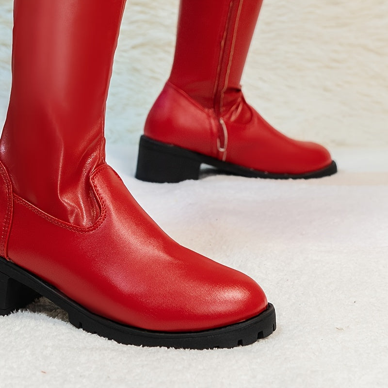 Mid Heel Womens Thigh High Boots - Soft Flannel Lined, Block Heel, Round Toe, Zipper Closure, Platform Sole, PU Faux Leather Upper - Casual Solid Color Shoes for Winter