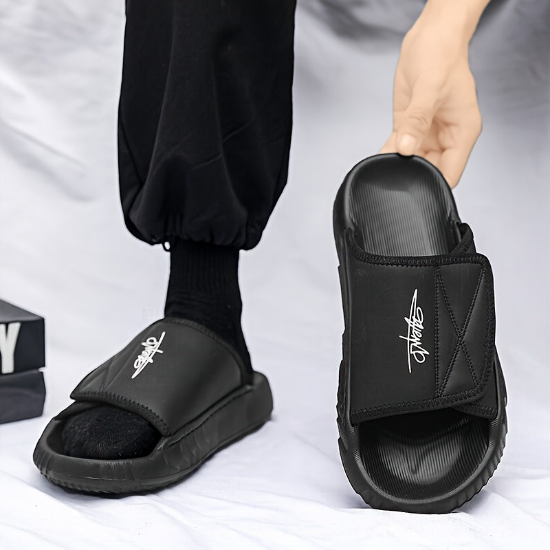 Men's Solid Color Open Toe Breathable Adjustable Hook & Loop Fastener Slippers, Comfy Non Slip Durable EVA Sole Slides, Men's Footwear