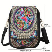 [Embroidered Crossbody] Lightweight Crossbody Bag | Women's Embroidered Mini Shoulder Bag with Detachable Strap - Floral Geometric Embroidery Design, Zipper Closure, Compact, Polyester Lined Interior (Navy/Purple/Red/Black)