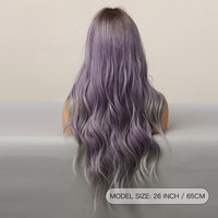 Luminous Butterfly Cut Ombre Purple Wig - Womens Long, Natural Wavy Synthetic Hair with Heat Resistant Fiber, Dark Brown Roots, and Flattering 26 Inch Middle Part